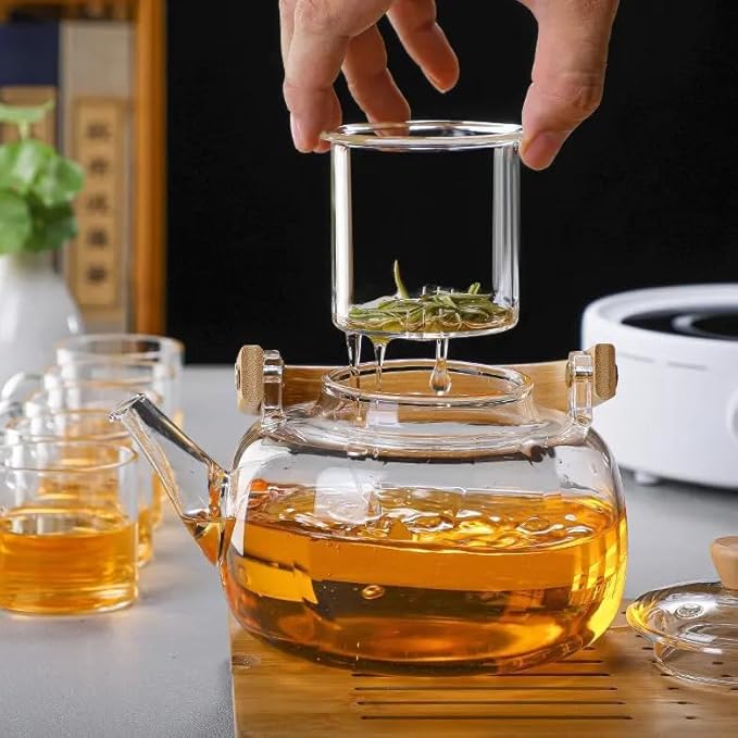 Handcrafted Borosilicate Glass Teapot with Wooden Handle & Infuser – 900ml | Stove Safe