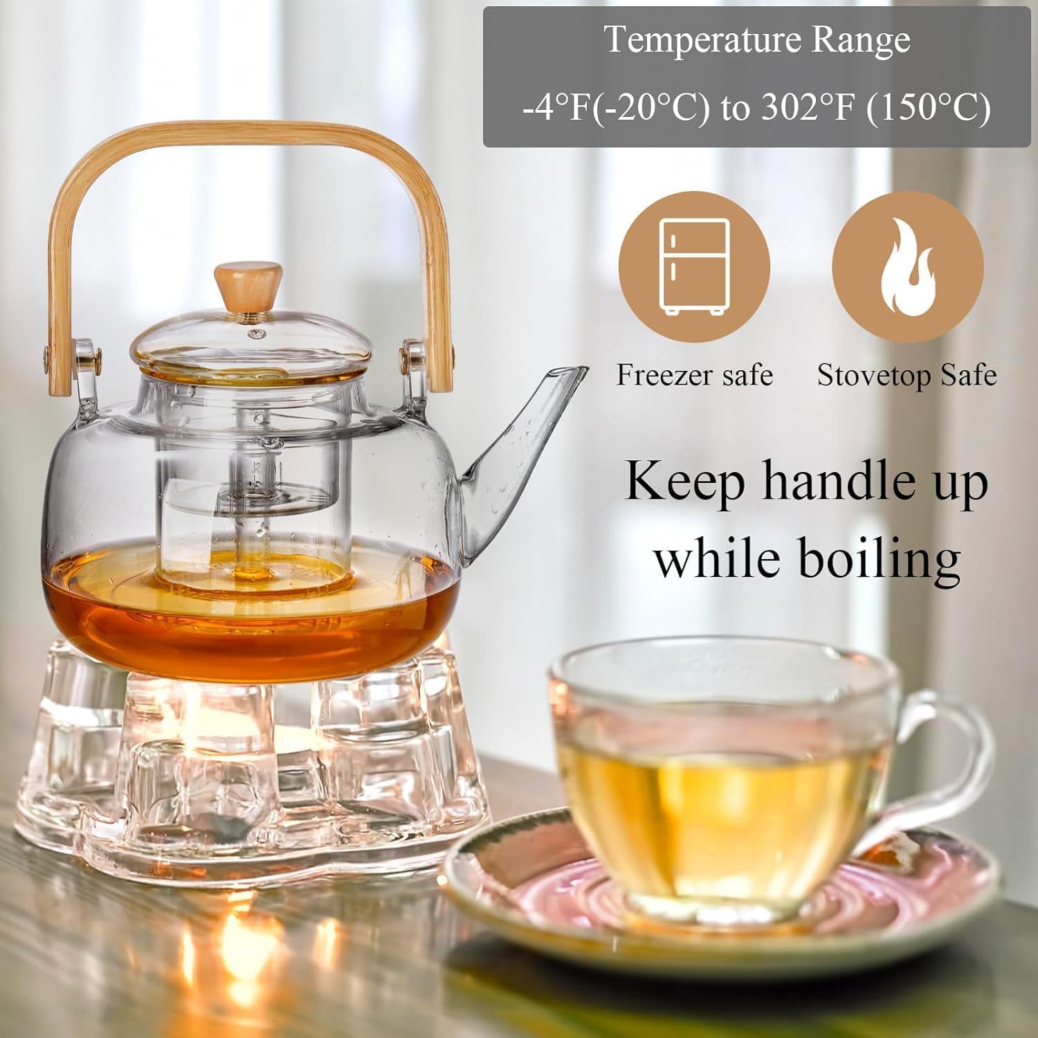 Handcrafted Borosilicate Glass Teapot with Wooden Handle & Infuser – 900ml | Stove Safe
