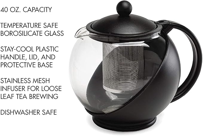Half Moon Glass Teapot with Infuser (Black - 1.25L) 1250 Milliliter