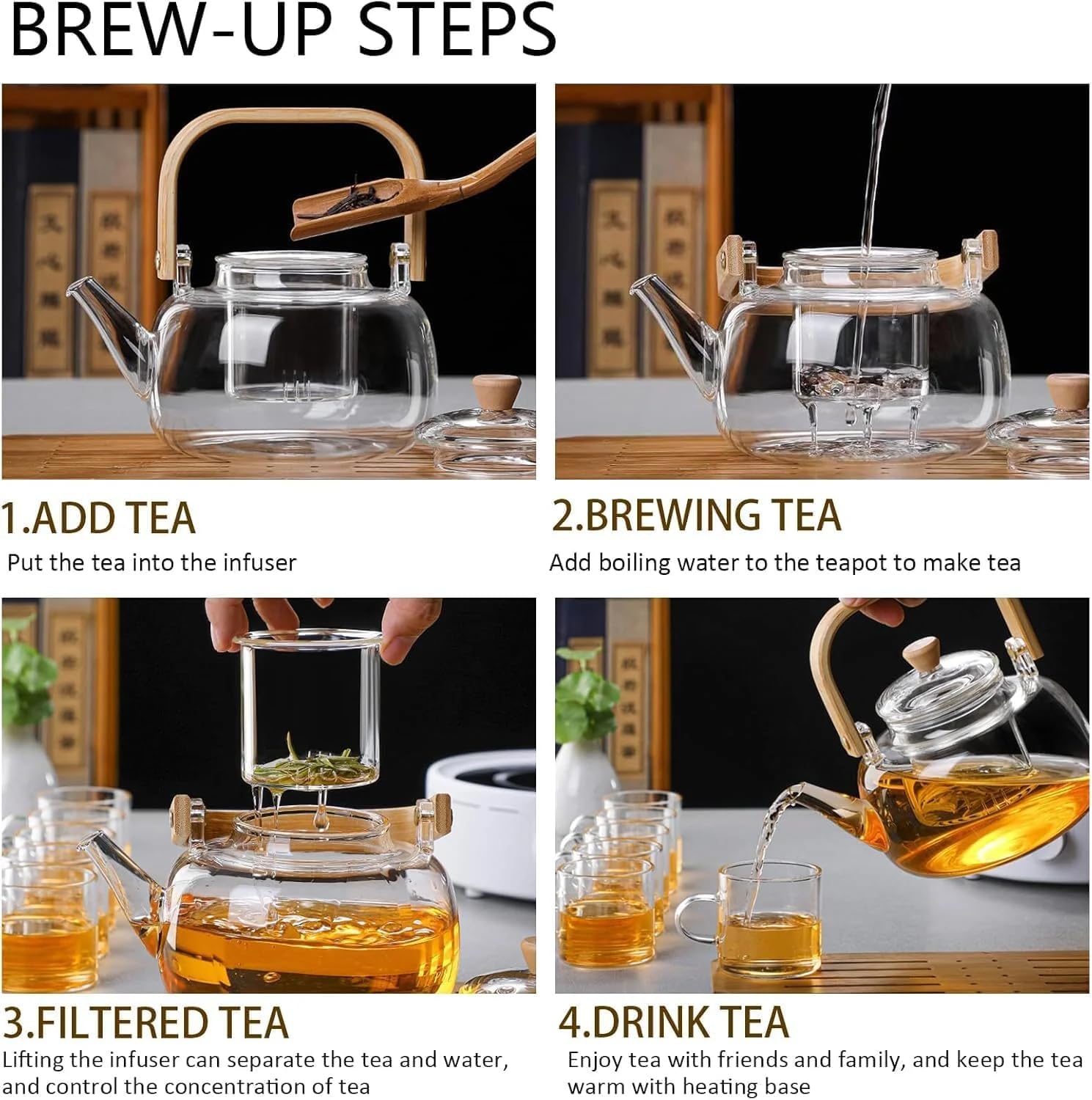 Handcrafted Borosilicate Glass Teapot with Wooden Handle & Infuser – 900ml | Stove Safe
