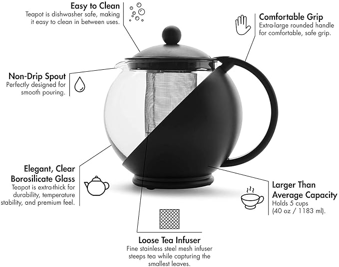 Half Moon Glass Teapot with Infuser (Black - 1.25L) 1250 Milliliter