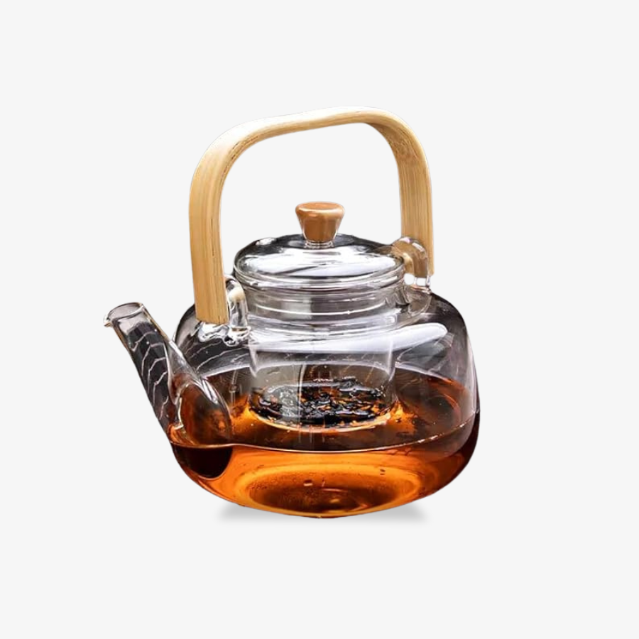 Handcrafted Borosilicate Glass Teapot with Wooden Handle & Infuser – 900ml | Stove Safe