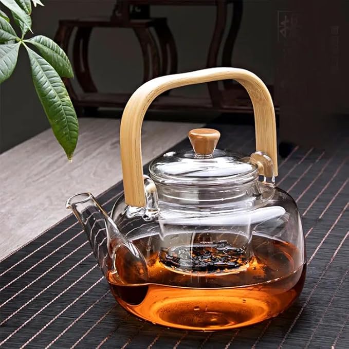 Handcrafted Borosilicate Glass Teapot with Wooden Handle & Infuser – 900ml | Stove Safe