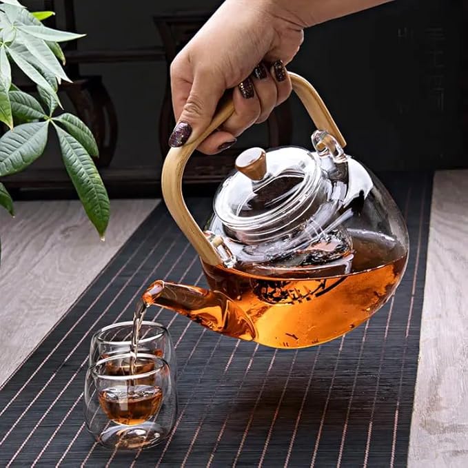 Handcrafted Borosilicate Glass Teapot with Wooden Handle & Infuser – 900ml | Stove Safe