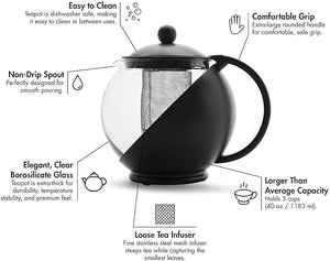 Half Moon Glass Teapot with Infuser (Black - 1.25L) 1250 Milliliter