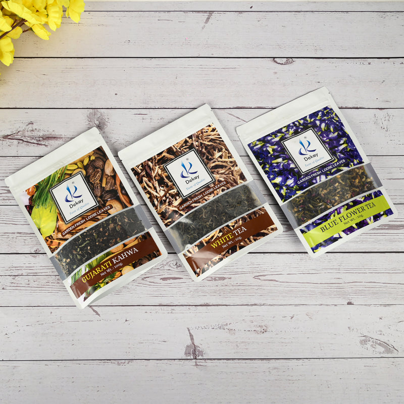 Dekay Wellness Brews – Gujarati Kahwa | Blue Flower | White Tea